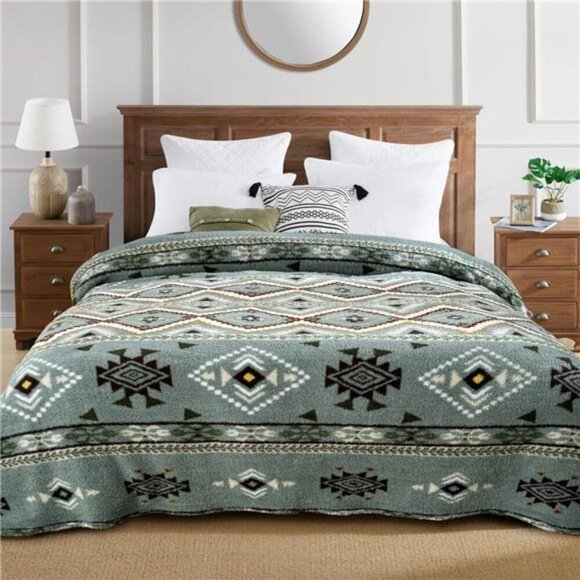 Boho Sherpa Throw Blanket Aztec Olive Green Ultra Soft Warm Cozy Plush Fleece NW